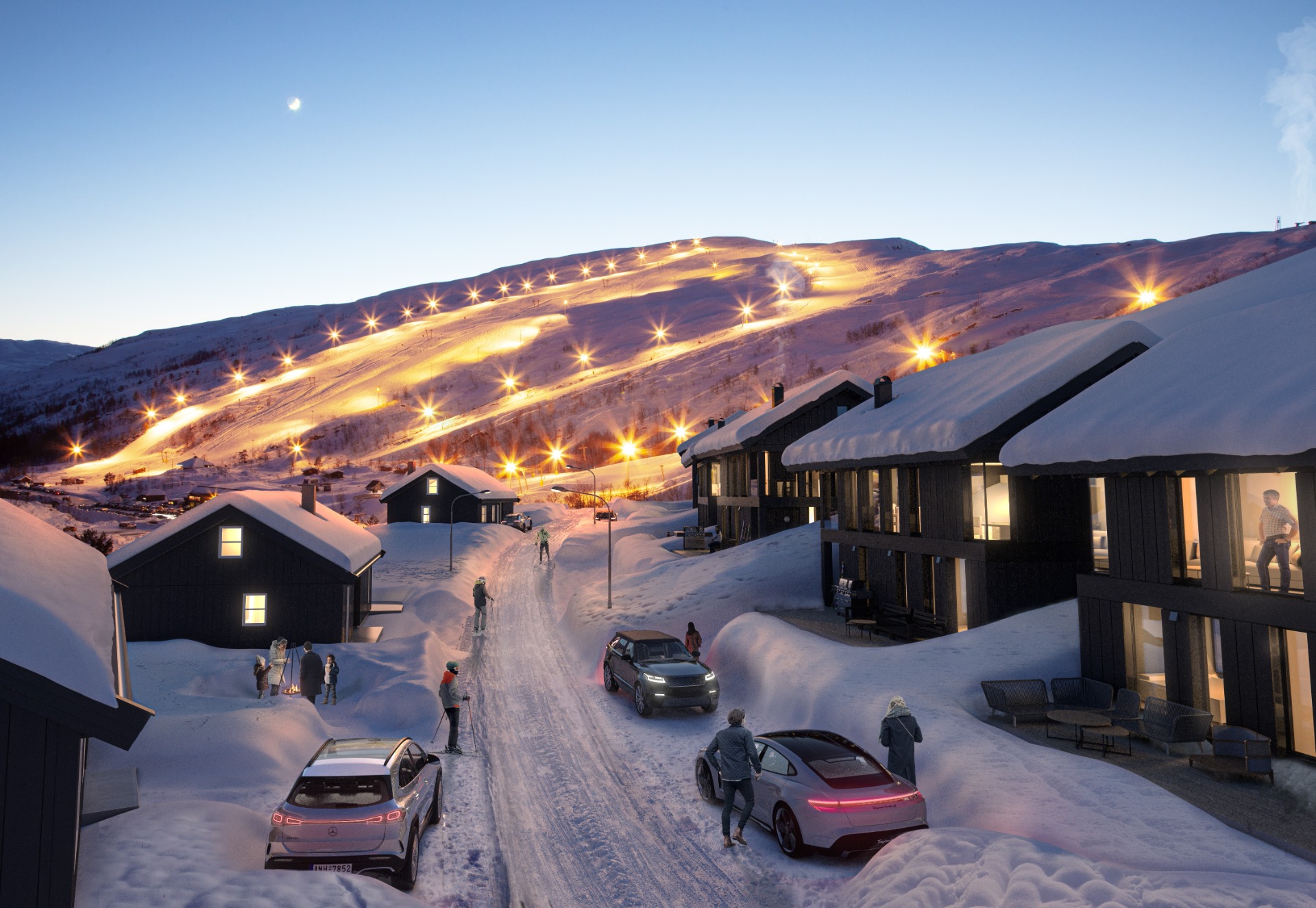 Bildeillustrasjonen viser utsikten fra H3 mot alpinbakkene. Hyttemodellene er kun eksempel.